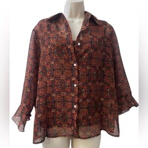 Nicola Women’s L Sheer Boho Paisley Blouse & Textured Tank Set Fall Vintage Y2K
